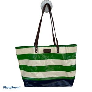 IZOD Tote Bag Green Ivory Striped Vinyl Coated